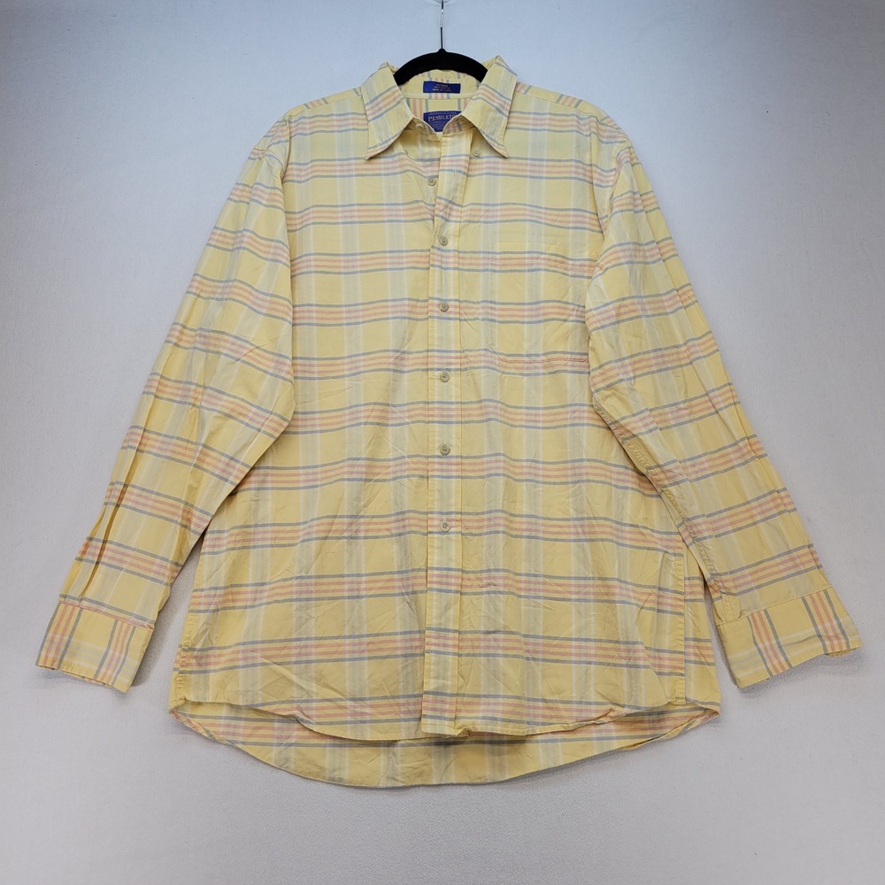 Pendleton Button Down Shirt Mens Large Long Yellow Plaid Cotton Long Sleeve